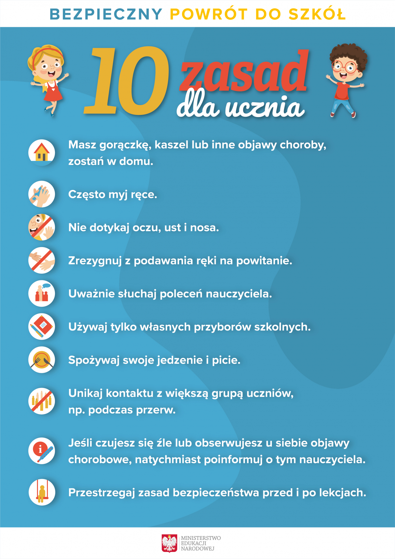 Plakat - bezpieczny powrót do szkoły, 10 zasad dla ucznia.
